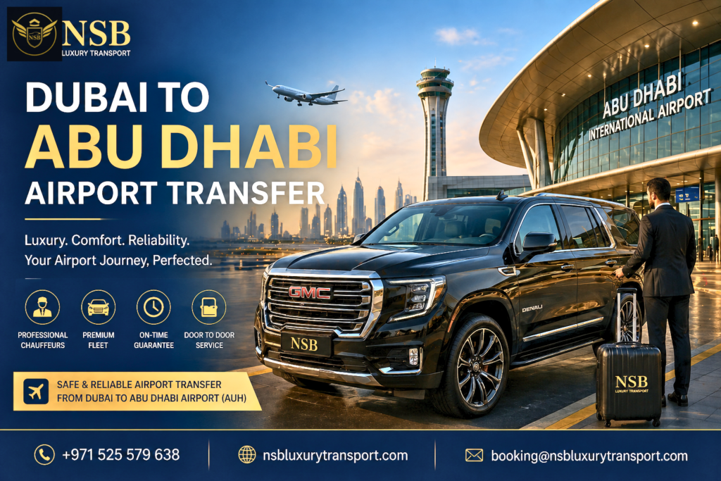 Dubai to Abu Dhabi Airport Transfer luxury SUV chauffeur service with premium airport pickup and drop-off