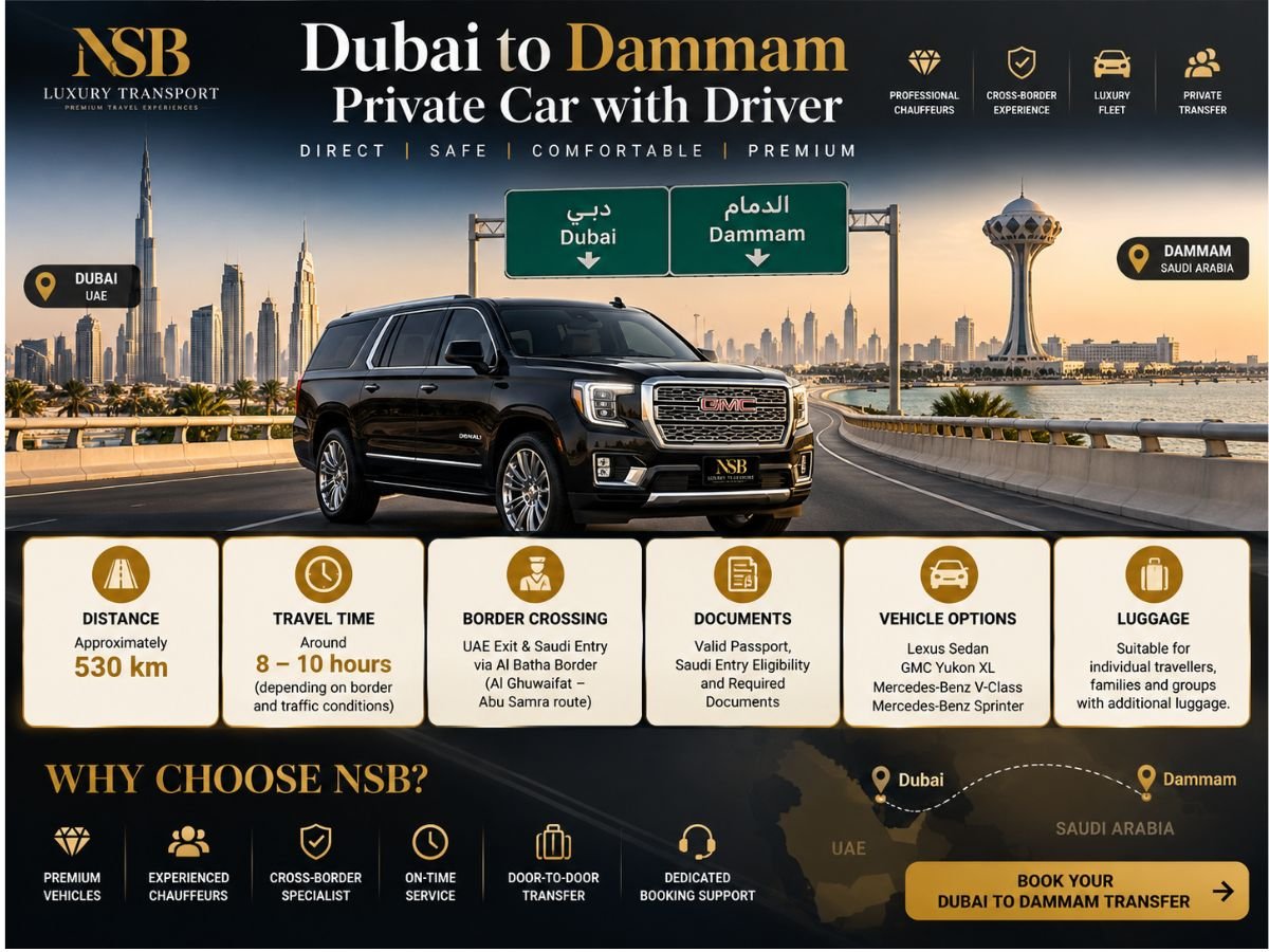 Dubai to Dammam private car with driver infographic showing route distance, travel time, border crossing, documents, vehicle options and luggage guidance