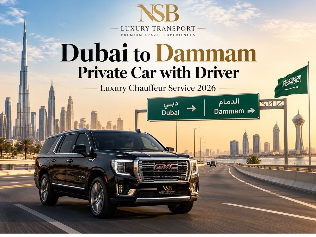 Luxury GMC chauffeur vehicle travelling from Dubai to Dammam with Dubai skyline, Saudi road sign and private cross-border chauffeur service theme