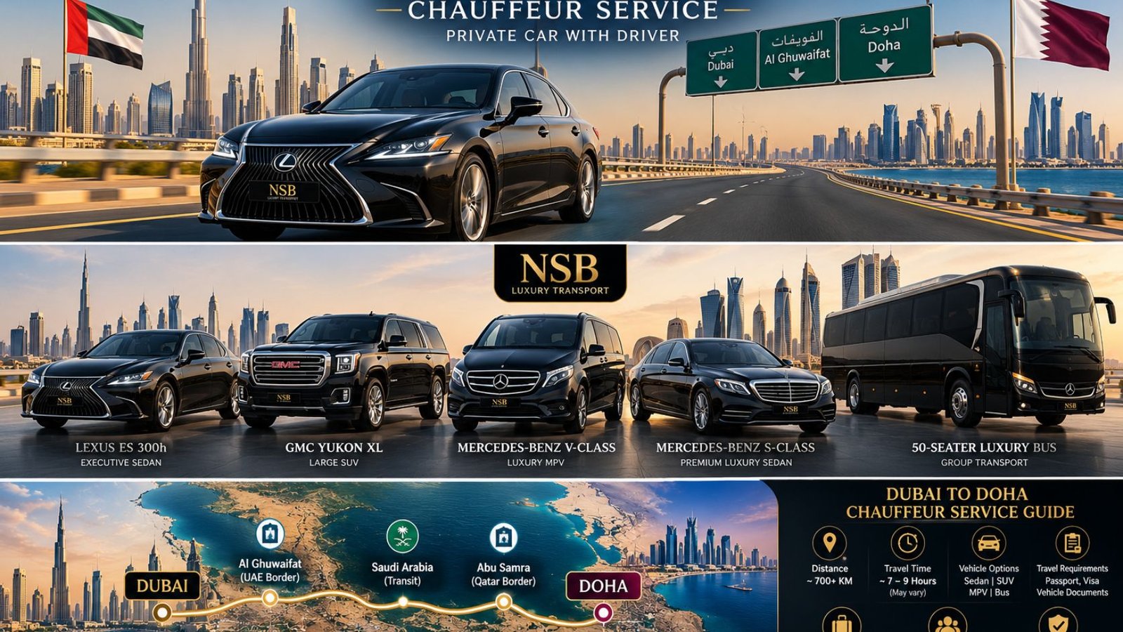 Dubai to Doha chauffeur service infographic showing the UAE to Qatar route, Saudi transit, travel time, border crossings, vehicle options, documents and luggage guidance