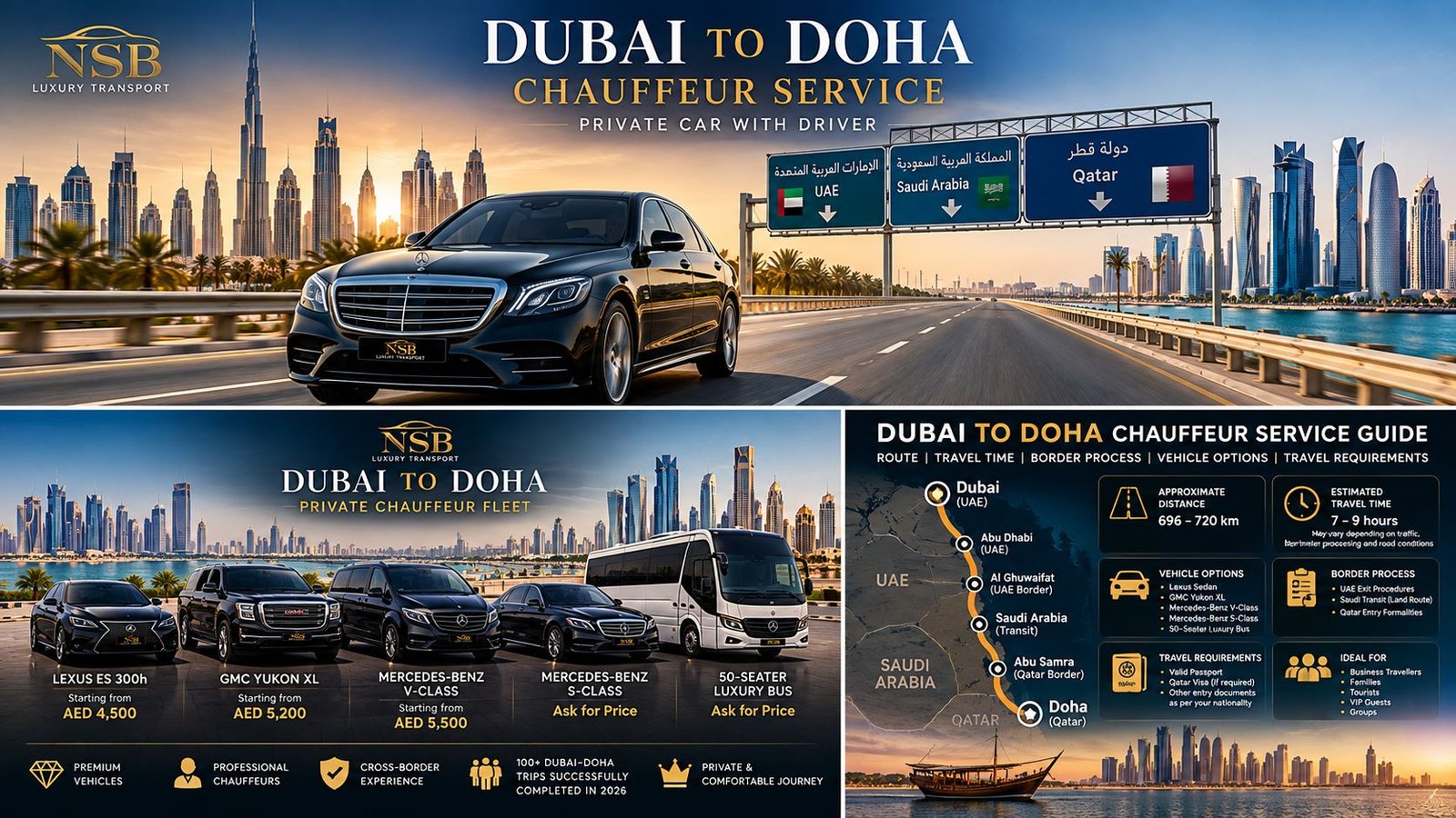 NSB Luxury Transport Dubai to Doha chauffeur fleet featuring Lexus ES 300h, GMC Yukon XL, Mercedes-Benz V-Class, Mercedes-Benz S-Class and a 50-seater luxury bus
