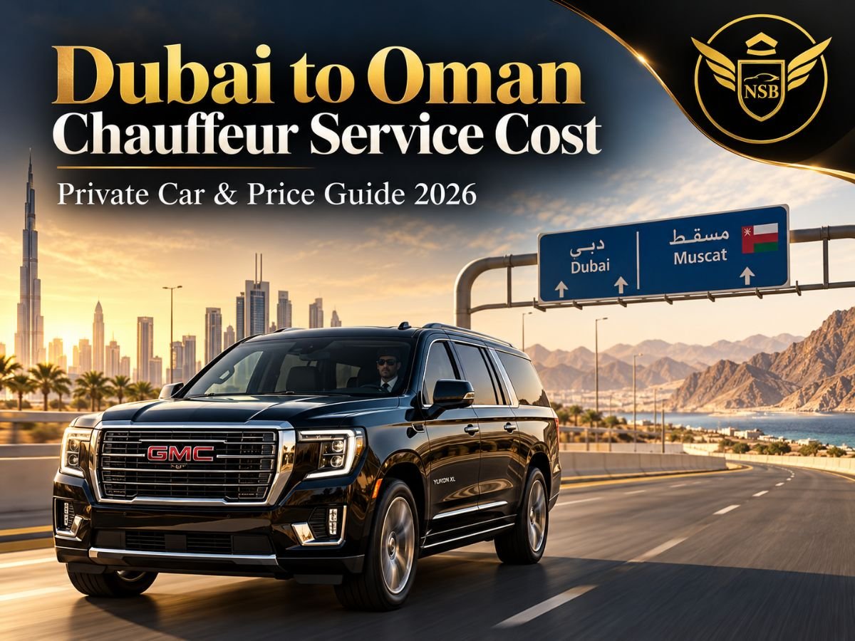 Luxury GMC Yukon chauffeur vehicle driving from Dubai toward Oman on a highway with Dubai skyline and Muscat road sign, representing Dubai to Oman chauffeur service cost