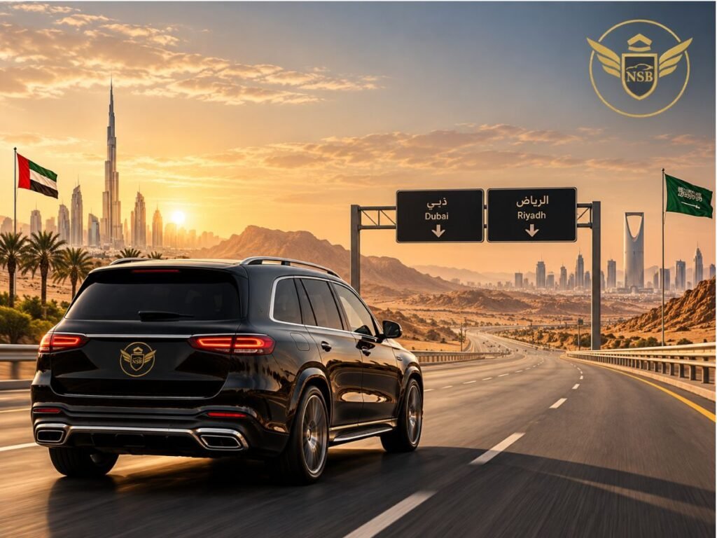 Luxury black chauffeur vehicle travelling from Dubai to Riyadh with Dubai and Riyadh skyline, UAE and Saudi Arabia flags, and cross-border road signs
