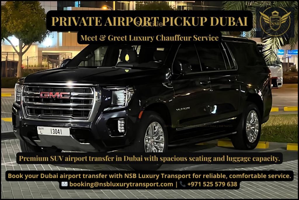 luxury SUV airport transfer Dubai GMC Yukon at terminal