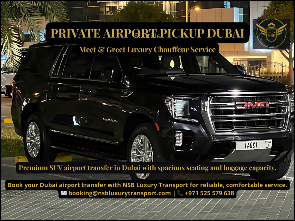 SUV airport transfer Dubai JBR GMC Yukon family luggage transport

