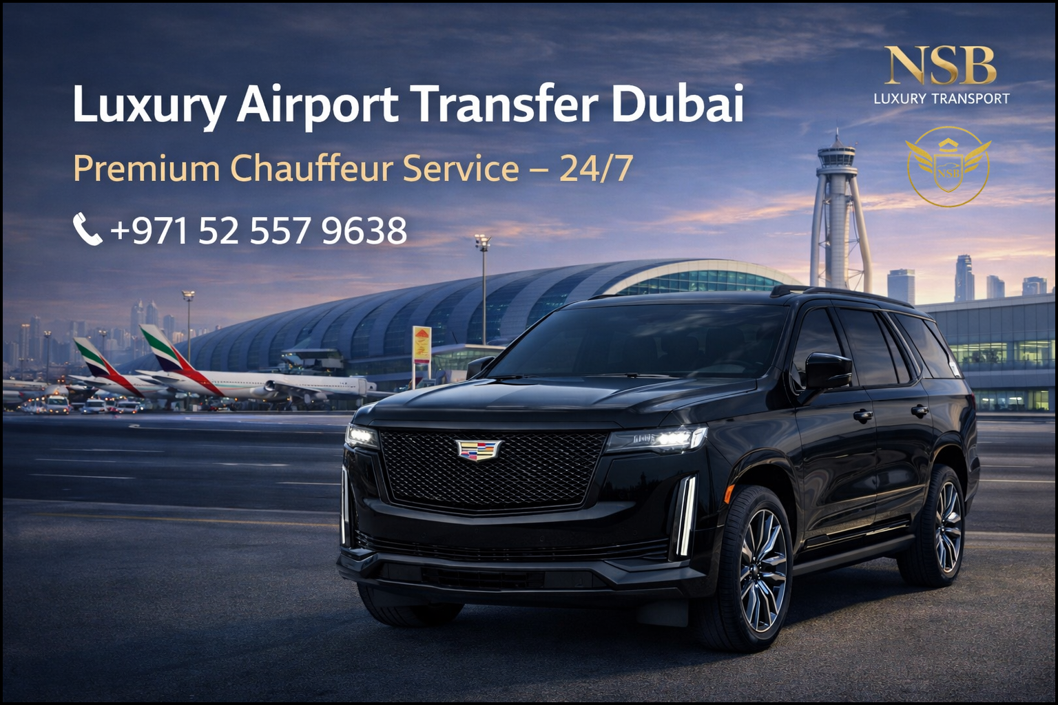 Cadillac Escalade airport transfer Dubai with professional chauffeur service at Dubai International Airport