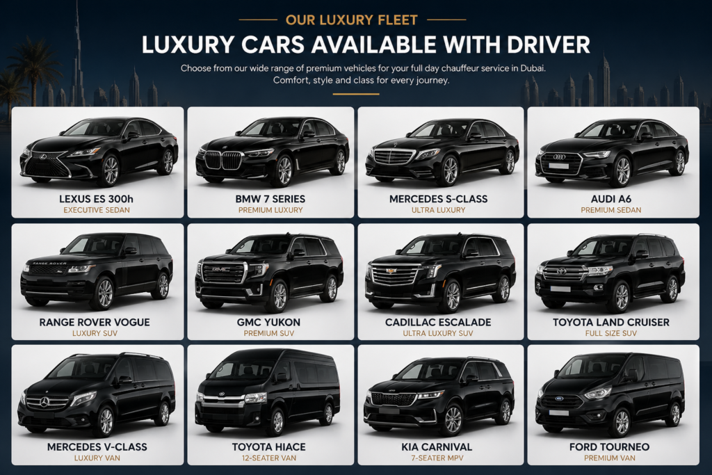 luxury cars available with driver in Dubai fleet NSB Luxury Transport sedan SUV van chauffeur service Dubai full day car with driver