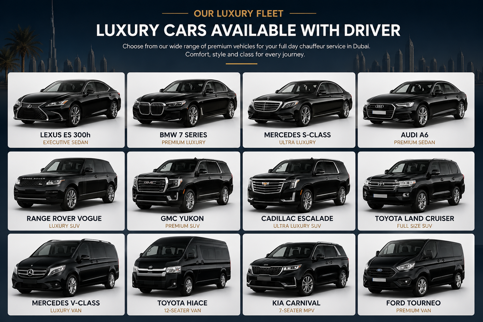 luxury cars available with driver in Dubai fleet NSB Luxury Transport sedan SUV van chauffeur service
