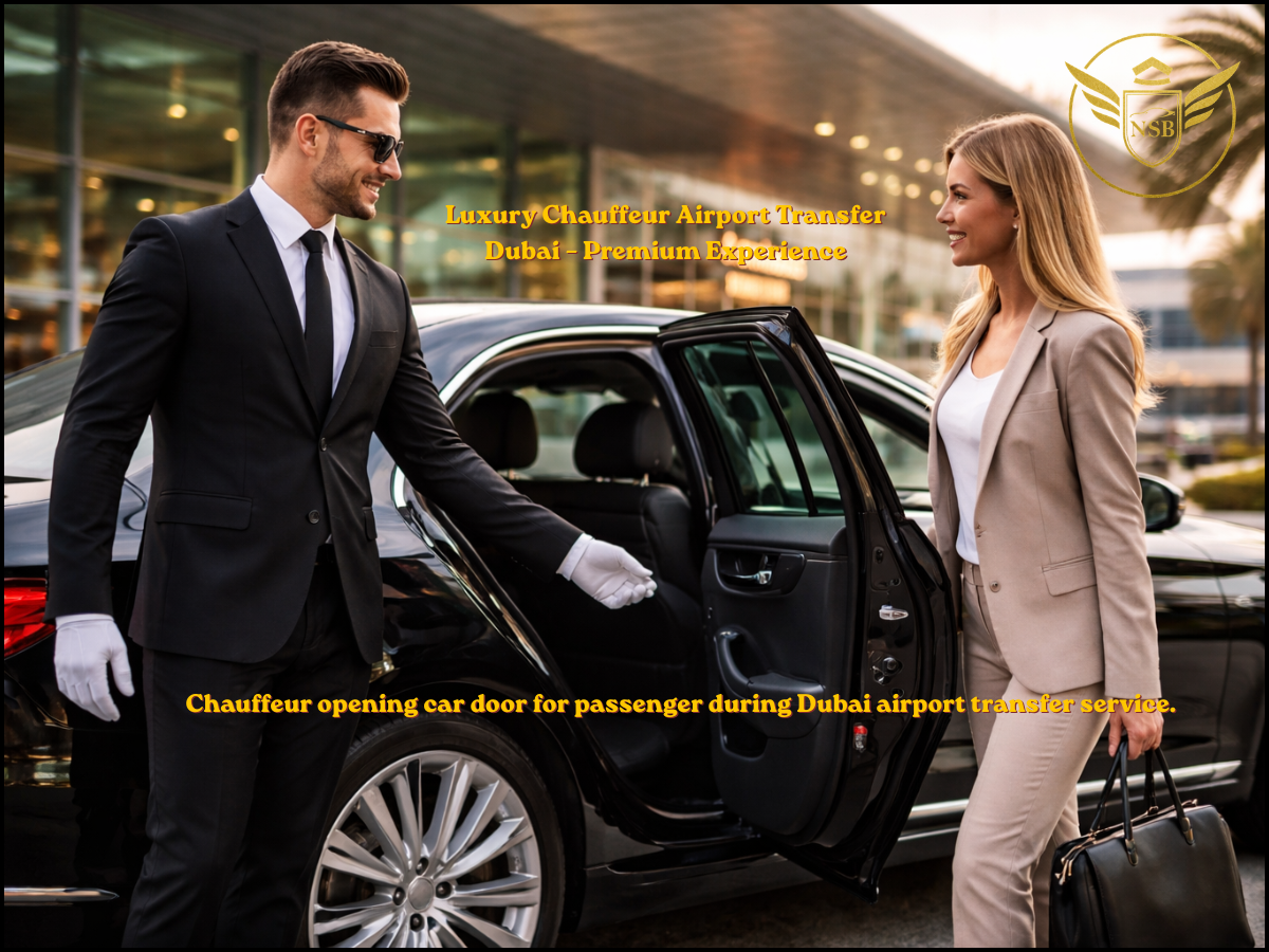 Dubai airport pickup with chauffeur by NSB Luxury Transport showing professional driver, luxury vehicle and passenger at airport arrivals