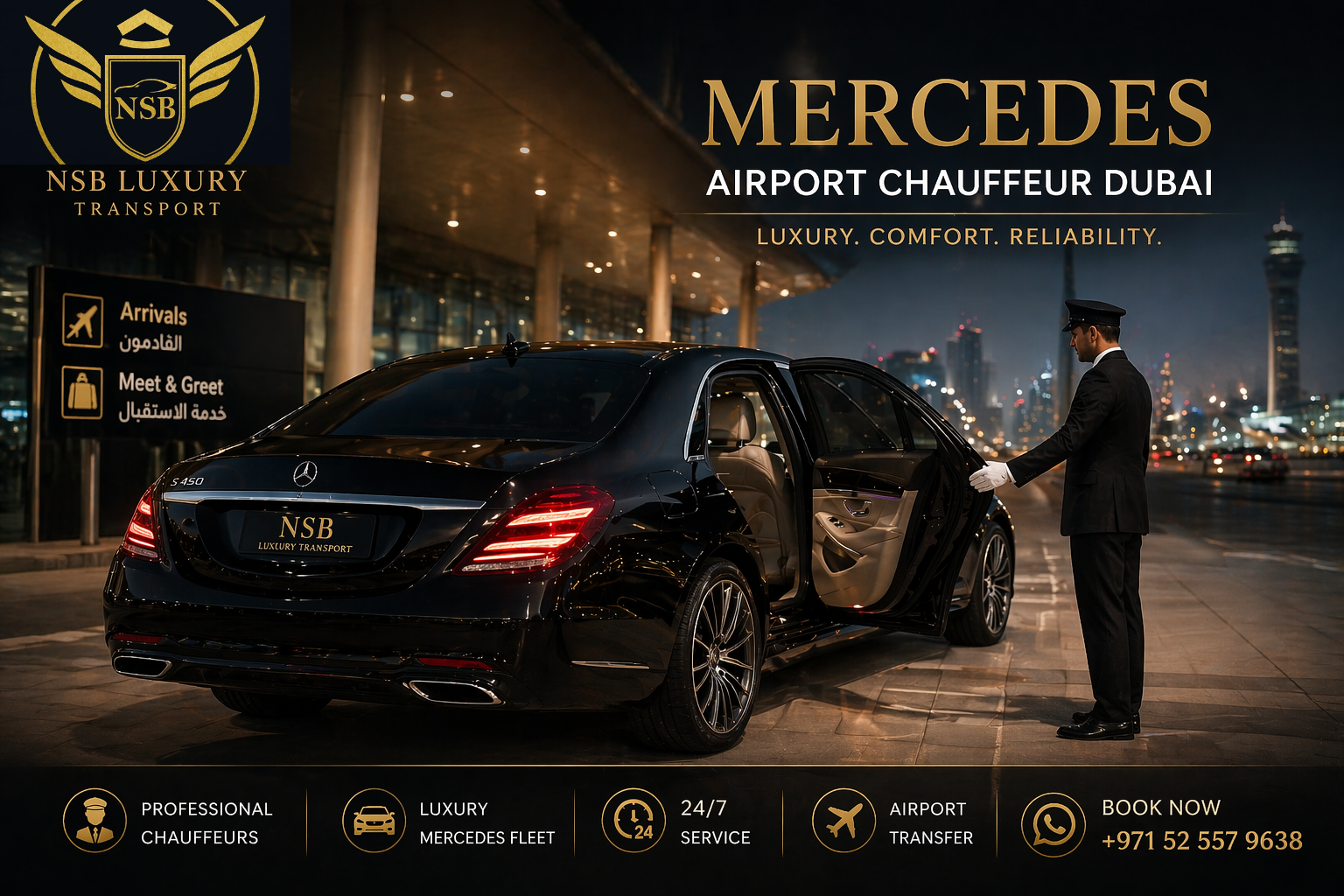 Luxury Mercedes airport chauffeur in Dubai with a professional driver at an airport pickup point