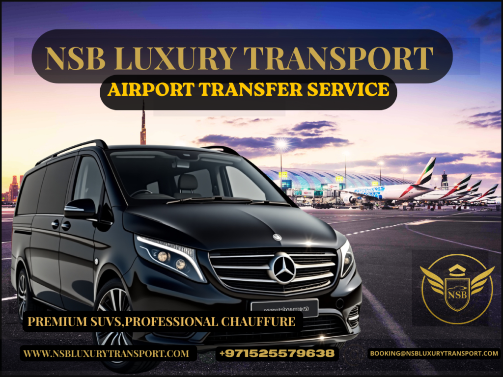 Luxury SUV Airport Transfer Dubai with chauffeur pickup at airport terminal in premium black SUV by NSB Luxury Transport