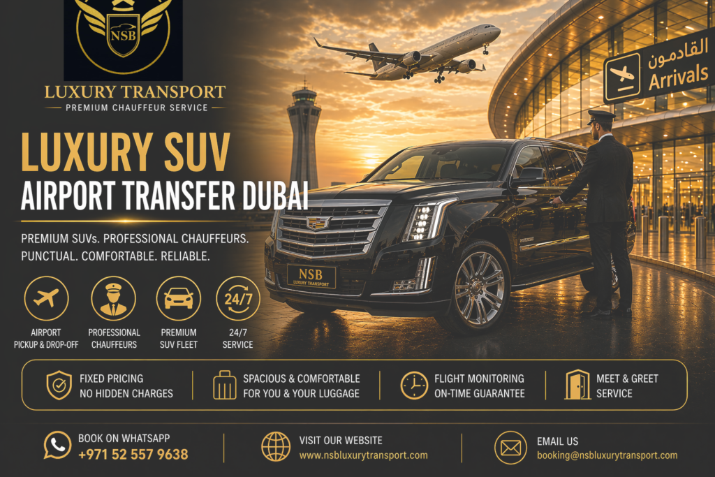 Luxury SUV Airport Transfer Dubai with chauffeur pickup at airport terminal in premium black SUV by NSB Luxury Transport