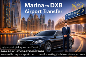 Marina to DXB Airport Transfer luxury chauffeur service with premium car and Dubai Marina skyline