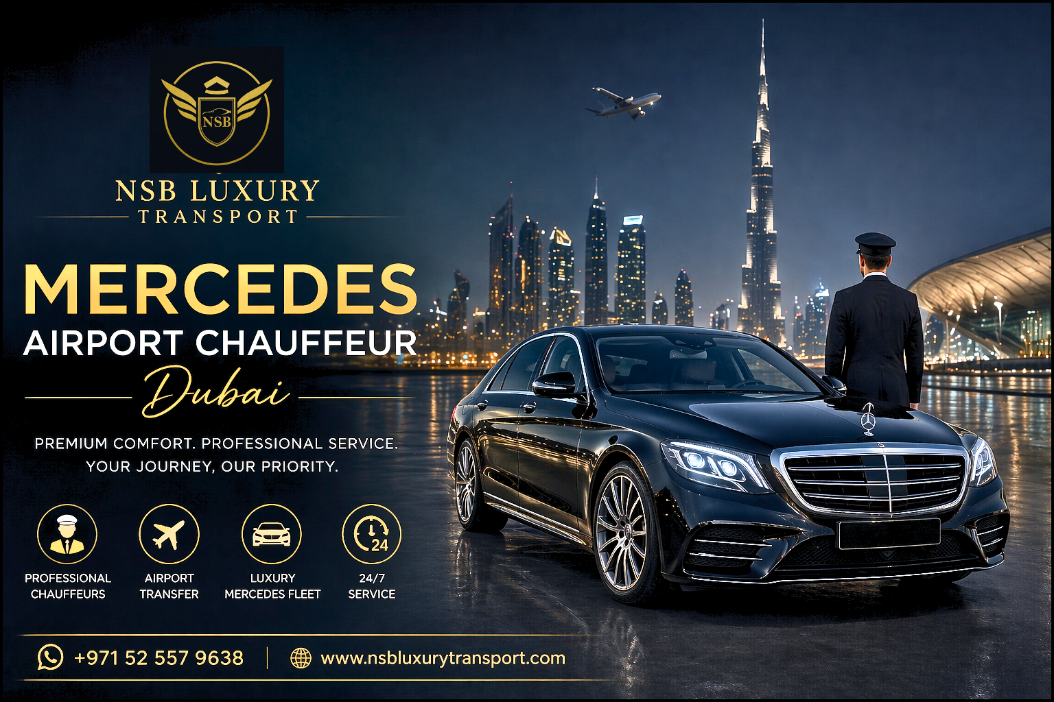 Mercedes airport chauffeur car in Dubai with a professional driver against the airport night skyline