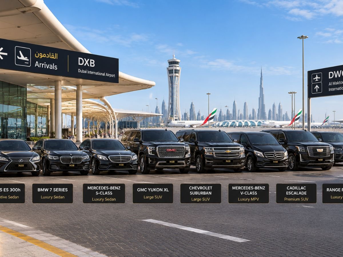 NSB Luxury Transport airport pickup fleet with eight luxury vehicles including Lexus, BMW, Mercedes-Benz, GMC Yukon XL, Chevrolet Suburban, Cadillac Escalade and Range Rover at Dubai Airport