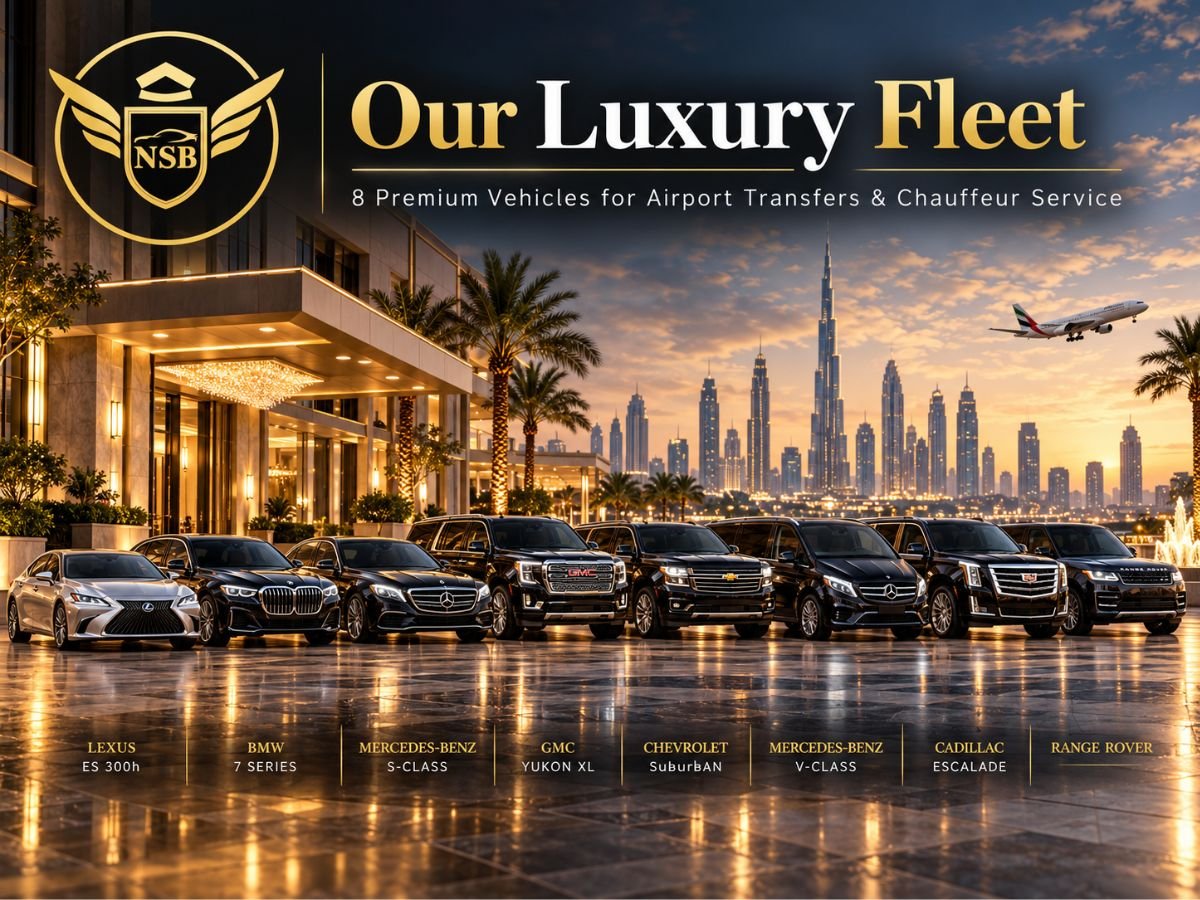 Eight NSB Luxury Transport vehicles including Lexus ES 300h, BMW 7 Series, Mercedes S-Class, GMC Yukon XL, Chevrolet Suburban, Mercedes V-Class, Cadillac Escalade and Range Rover in Dubai