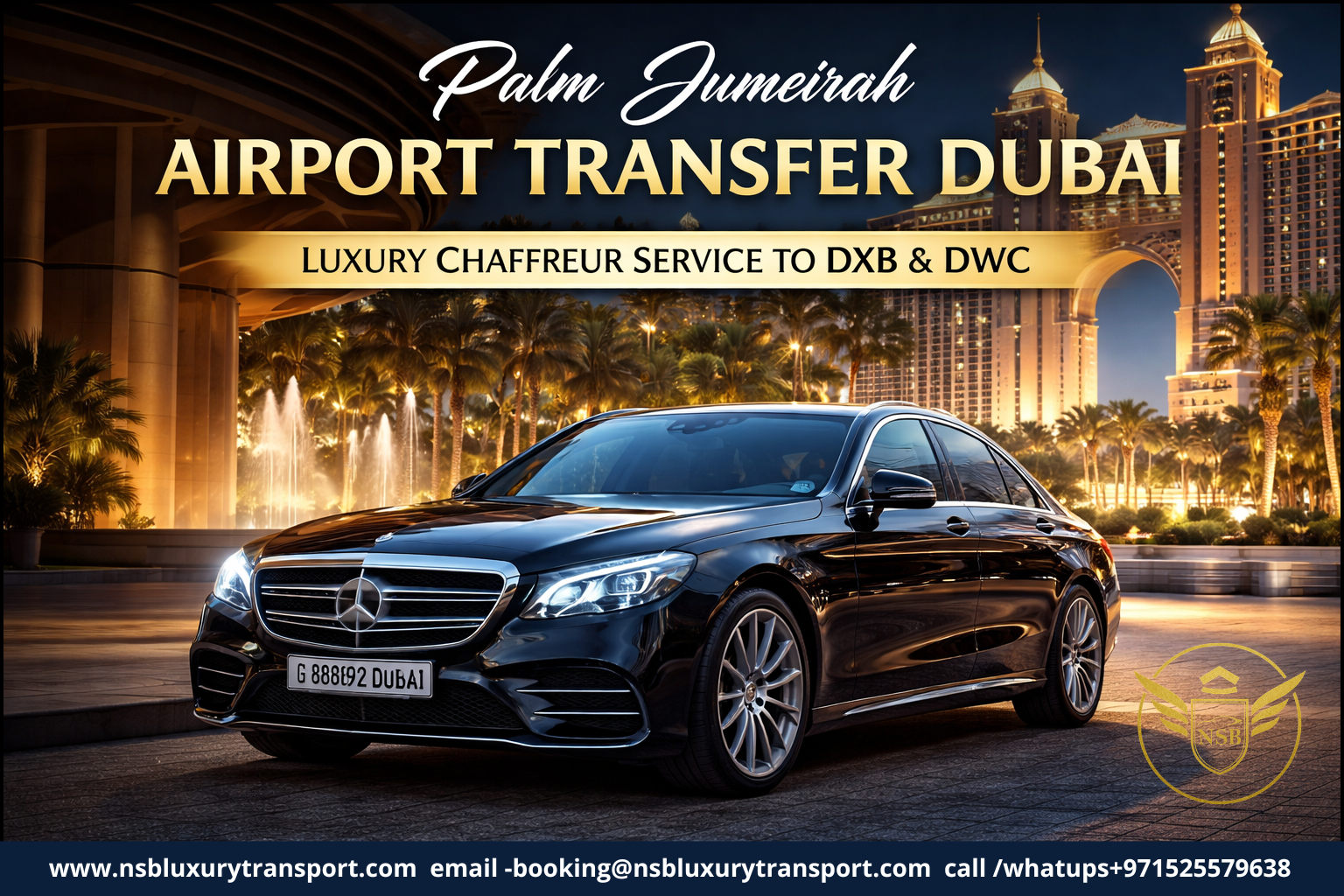 Palm Jumeirah airport transfer Dubai luxury chauffeur vehicle for DXB and DWC airport journeys