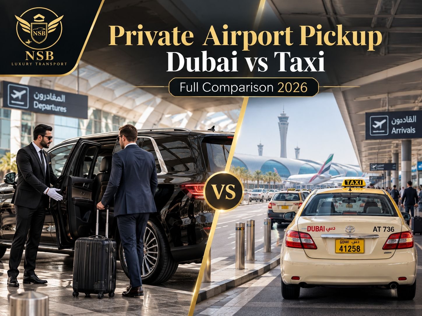 Private airport pickup Dubai vs taxi comparison image showing a luxury chauffeur SUV and a Dubai airport taxi outside the terminal.