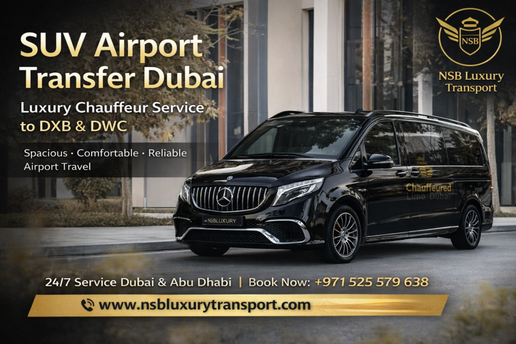 suv airport transfer dubai with luxury mercedes v class chauffeur service for airport pickup and drop off