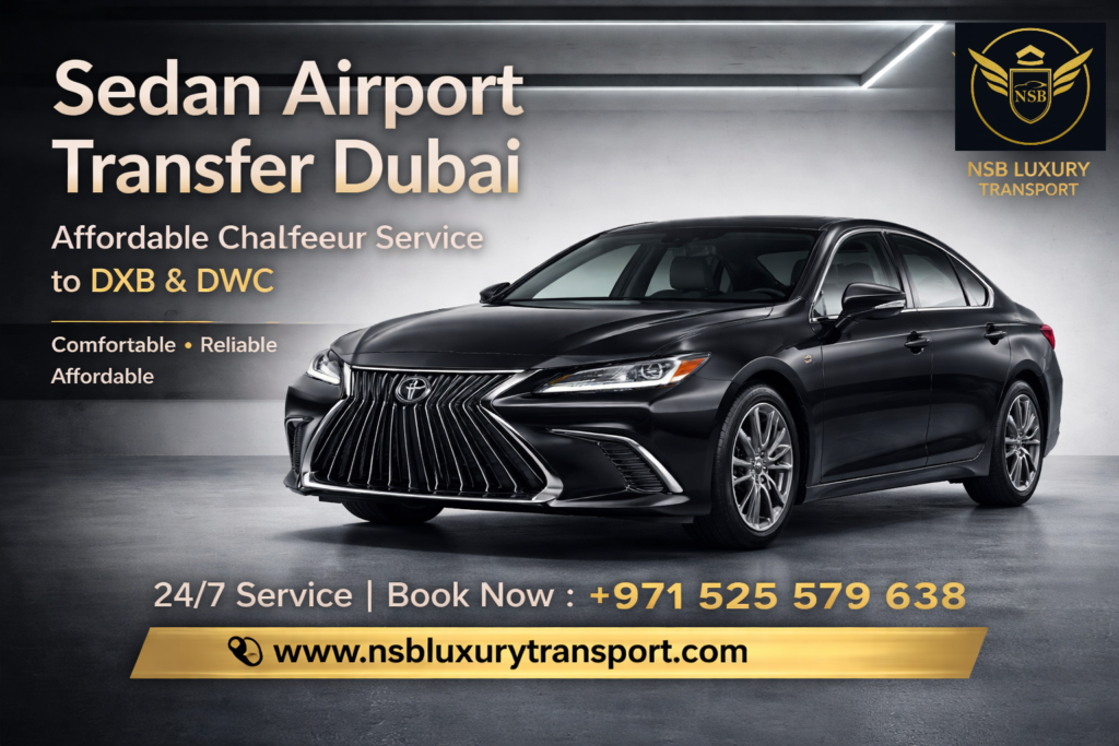 sedan airport transfer dubai luxury chauffeur service with black sedan car for dxb and dwc airport pickup and drop off