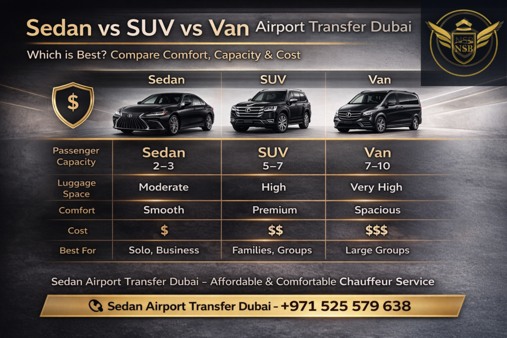 sedan vs suv vs van airport transfer dubai comparison showing passenger capacity luggage space comfort and cost