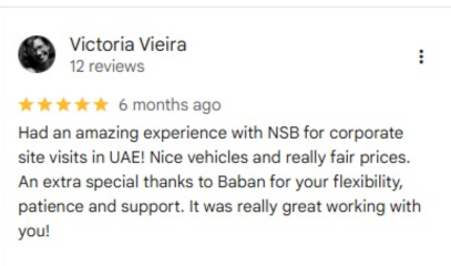 5-star customer reviews for NSB Luxury Transport car with driver Dubai service