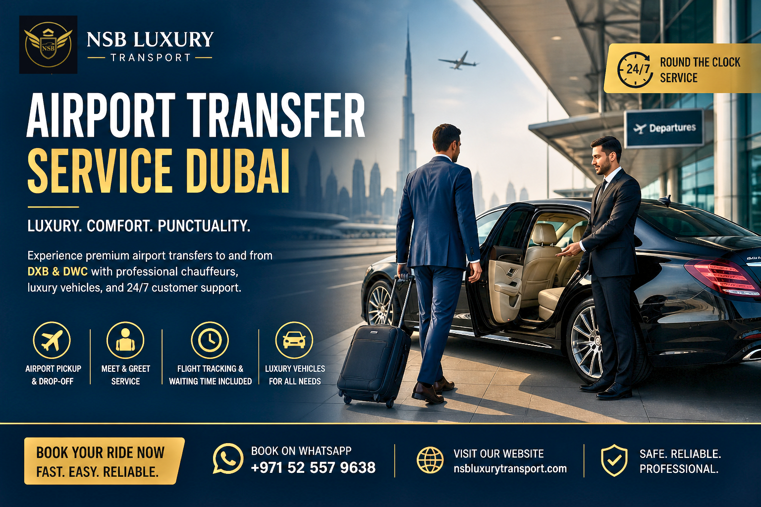 airport transfer service dubai luxury chauffeur pickup dxb airport black car nsb luxury transport