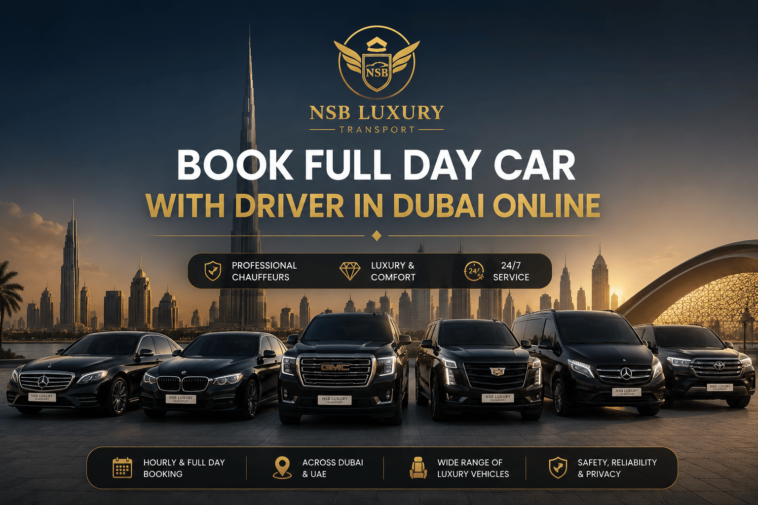 Book full day car with driver in Dubai online with NSB Luxury Transport luxury chauffeur fleet