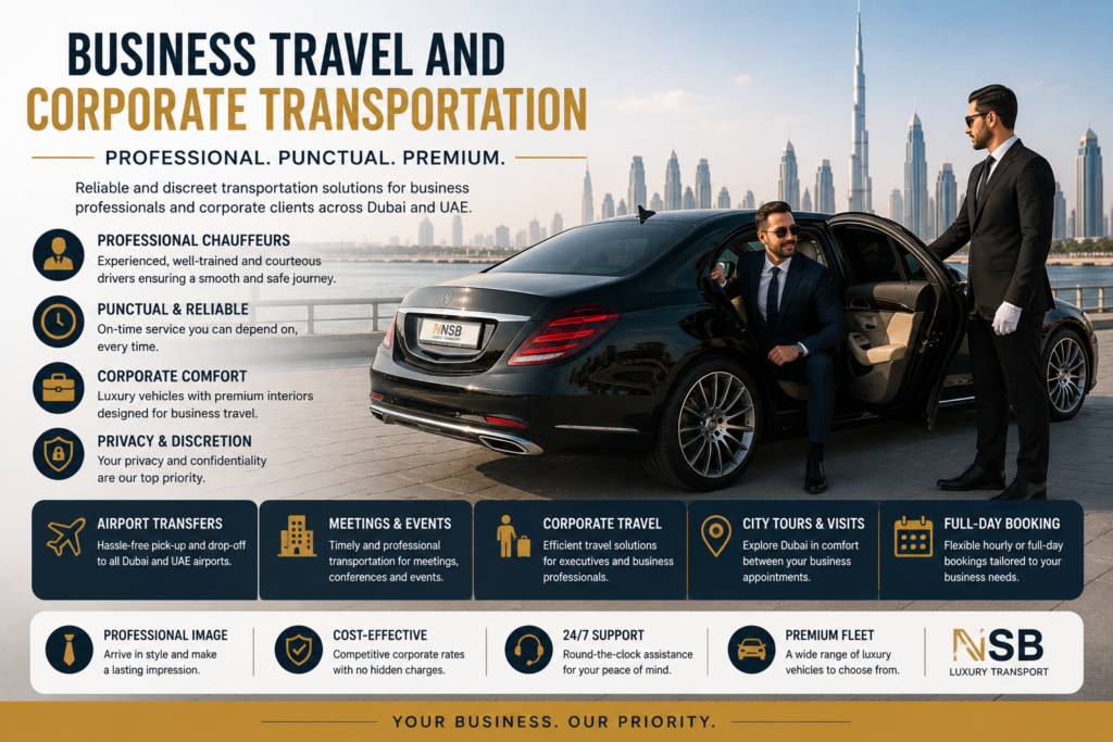 Business travel and corporate transportation service in Dubai with luxury chauffeur car, executive passenger, and professional driver
