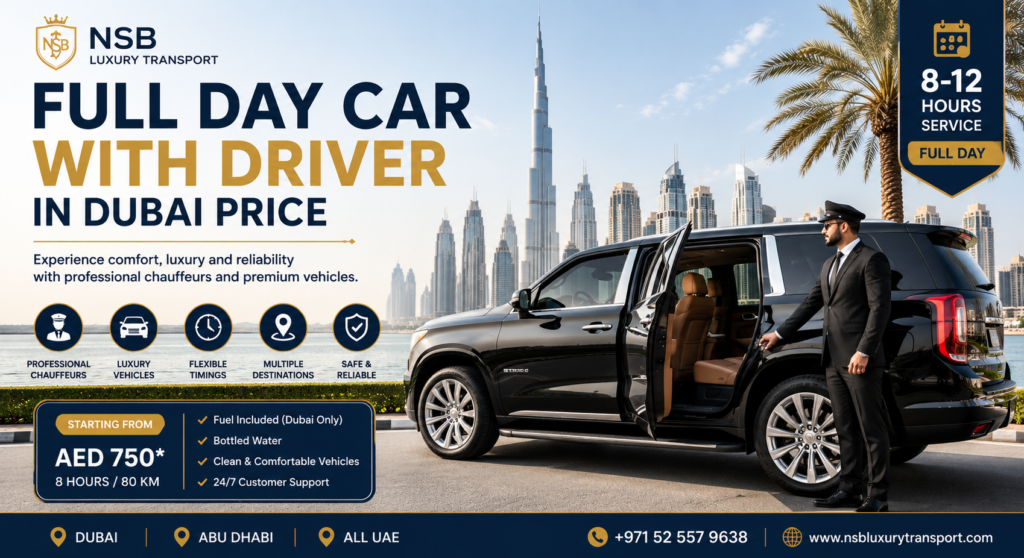 Luxury full day SUV with driver in Dubai chauffeur service with GMC Yukon and professional driver
