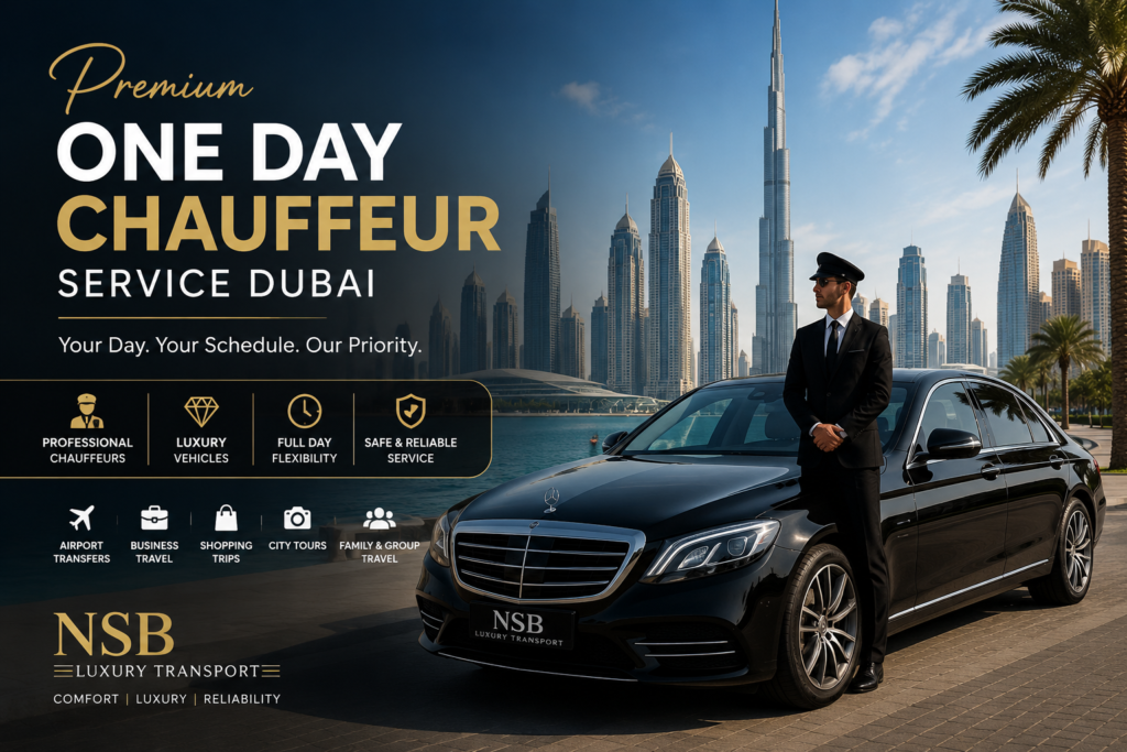 Premium one day chauffeur service Dubai with luxury sedan, professional chauffeur, airport transfers, business travel, and VIP transportation by NSB Luxury Transport