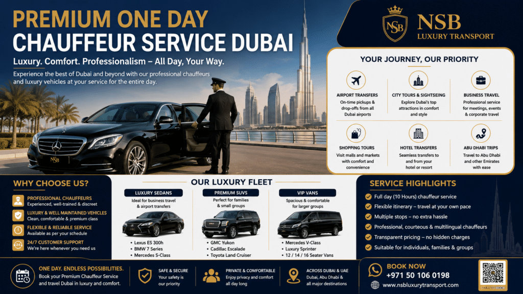 Premium one day chauffeur service Dubai infographic showing luxury chauffeur service, airport transfers, business travel, city tours, luxury fleet, and VIP transportation by NSB Luxury Transport