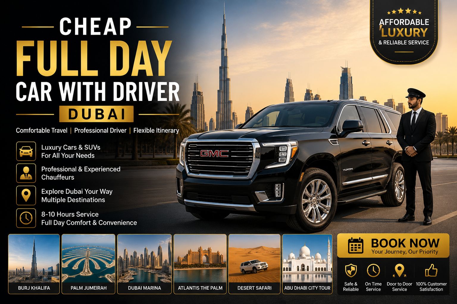 Affordable full day car with driver in Dubai with GMC Yukon SUV and professional chauffeur
