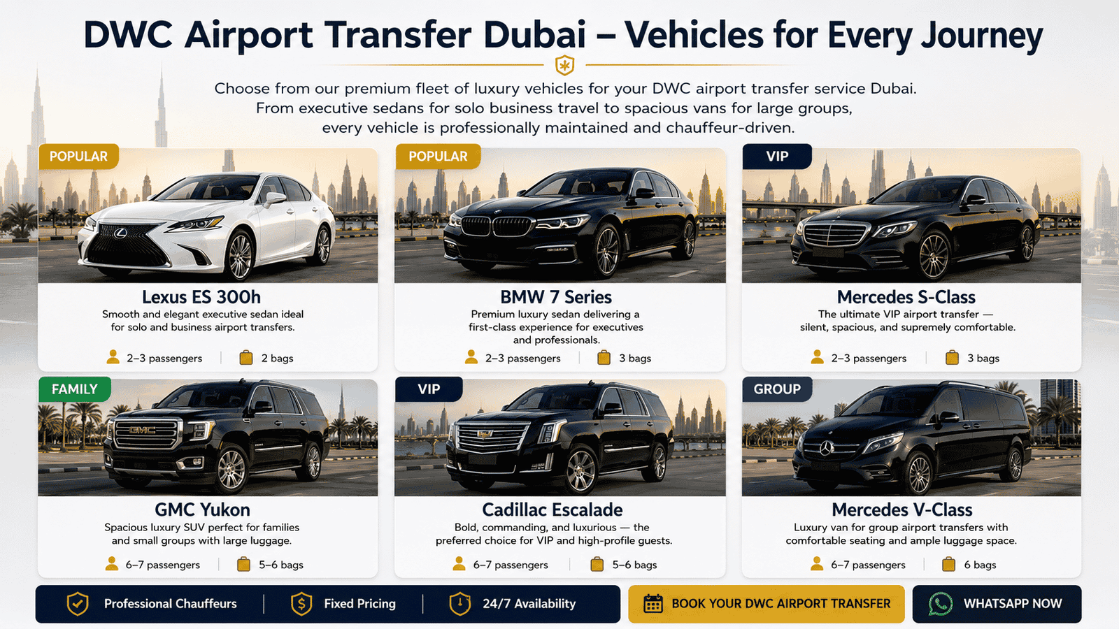 Premium airport transfer vehicle fleet in Dubai featuring Lexus ES300h, BMW 7 Series, Mercedes S-Class, GMC Yukon, Cadillac Escalade, and Mercedes V-Class for luxury airport transportation.