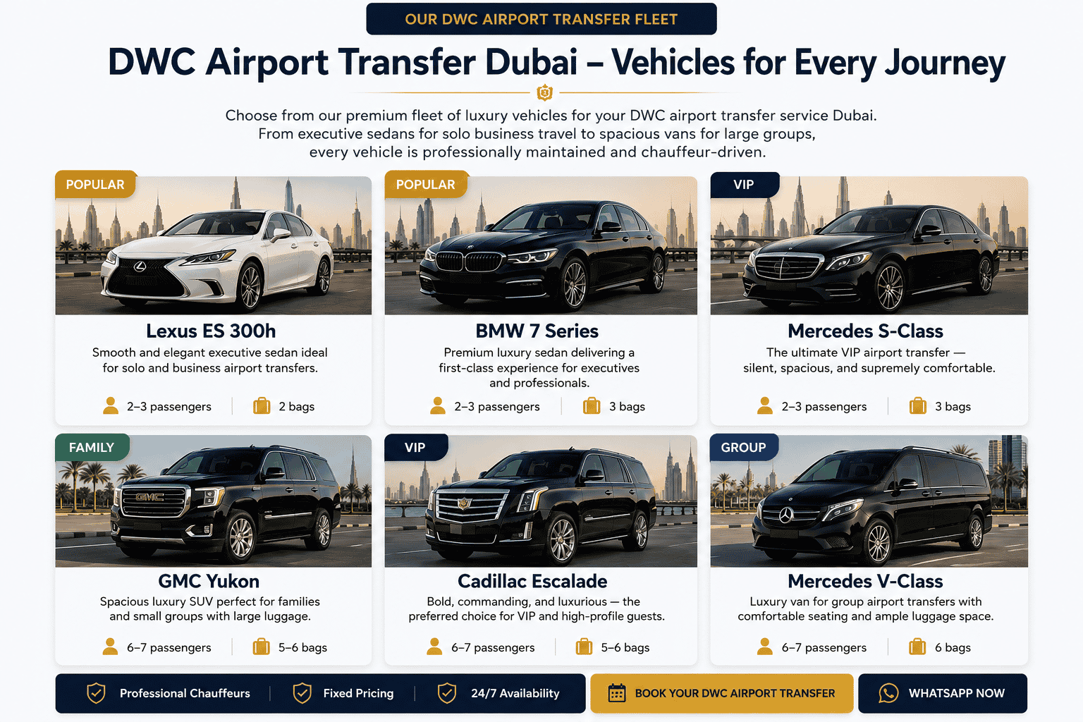 Luxury vehicle fleet for airport transfers in Dubai including sedans, SUVs, and vans by NSB Luxury Transport