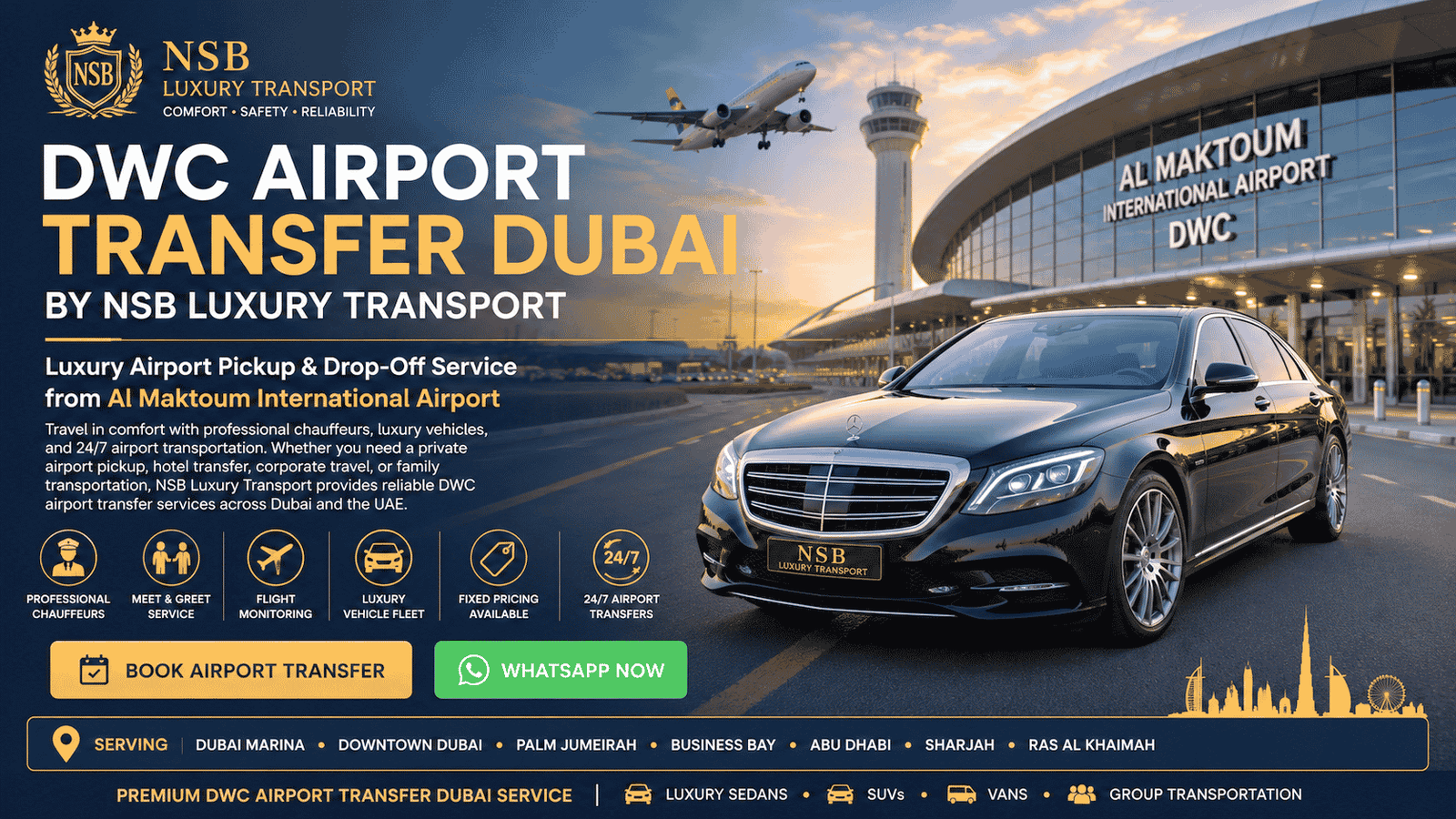 Luxury airport transfer service at Al Maktoum International Airport featuring a Mercedes S-Class, professional chauffeur service, airport pickup, meet and greet assistance, and premium transportation in Dubai.