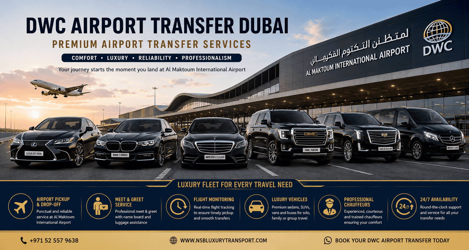Luxury airport transfer fleet at Al Maktoum International Airport featuring Lexus ES 300h, BMW 7 Series, Mercedes S-Class, GMC Yukon, Cadillac Escalade, and Mercedes V-Class with professional chauffeur service.