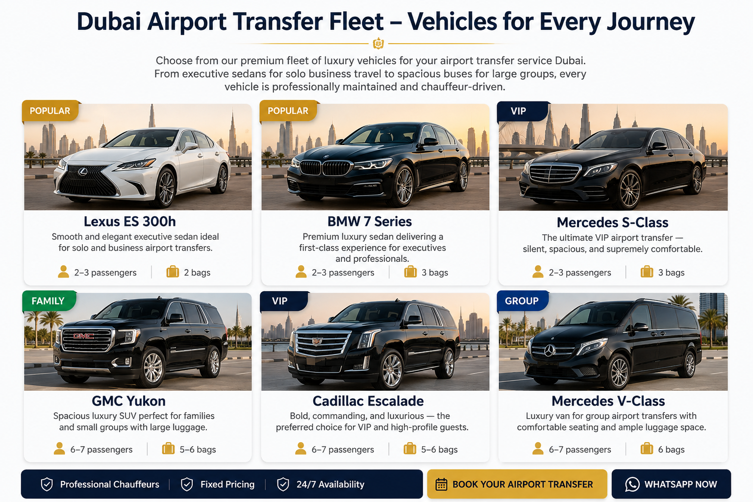 Dubai airport transfer fleet with luxury sedans, SUVs, and vans including Lexus, BMW, Mercedes, GMC Yukon, Cadillac Escalade, and Mercedes V-Class by NSB Luxury Transport.
