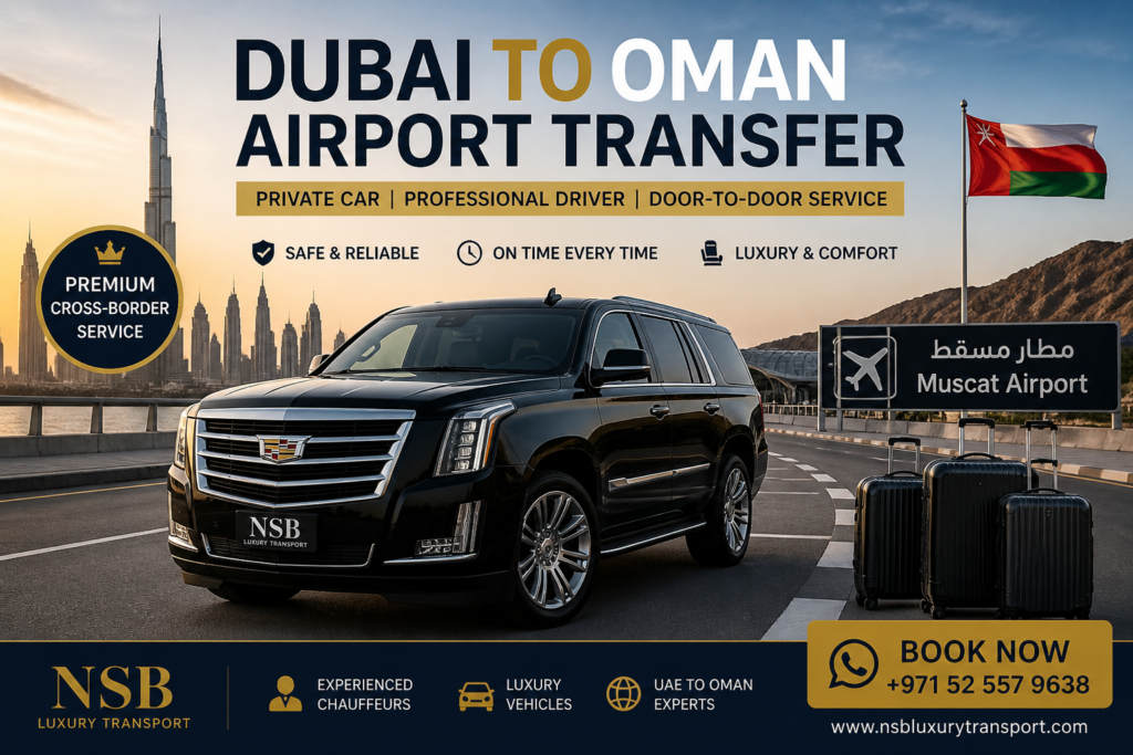 Dubai to Oman airport transfer with luxury SUV and Muscat Airport road sign background
