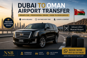 Dubai to Oman airport transfer with luxury SUV and Muscat Airport road sign background