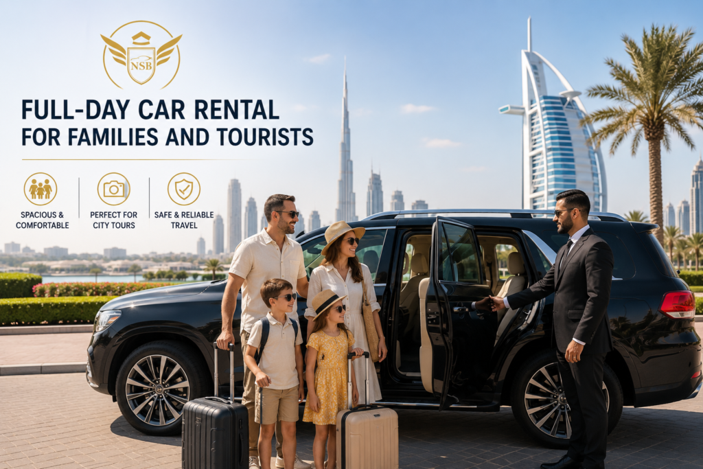 Family enjoying full-day car rental with driver in Dubai using luxury SUV chauffeur service near Burj Khalifa and Burj Al Arab.