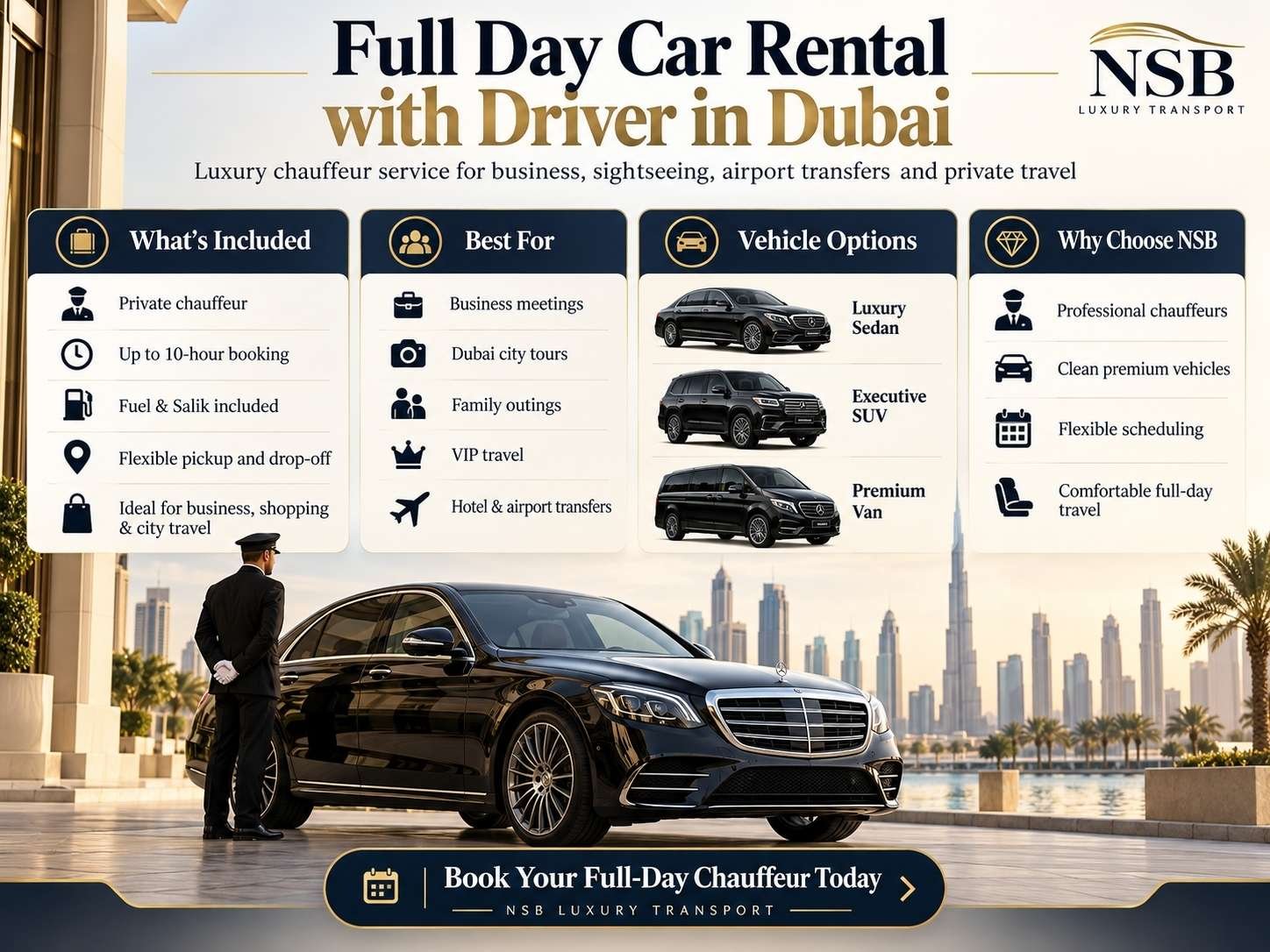 Full day car rental with driver in Dubai infographic showing luxury sedan SUV and Mercedes V-Class with chauffeur service benefits