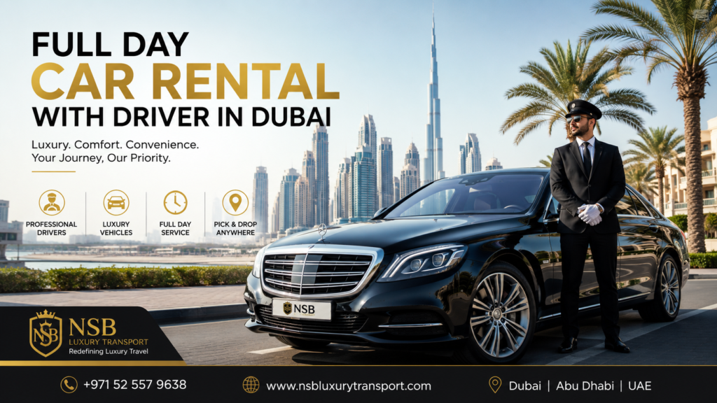 Luxury full day car rental with driver in Dubai featuring Mercedes sedan and professional chauffeur near Burj Khalifa skyline