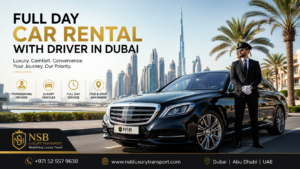 Luxury full day car rental with driver in Dubai featuring Mercedes sedan and professional chauffeur near Burj Khalifa skyline