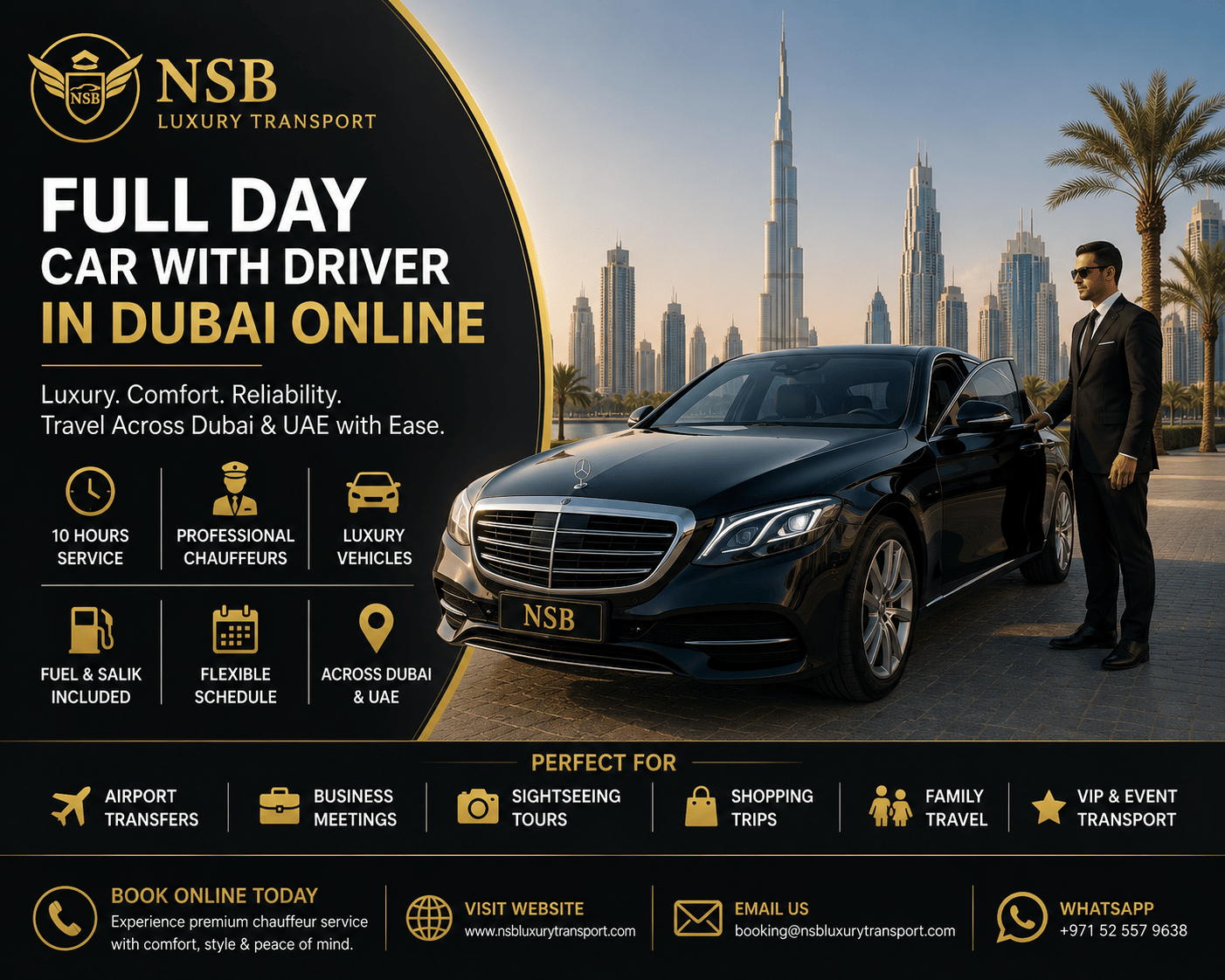 Full day car with driver in Dubai online for airport transfers, business meetings, sightseeing and private chauffeur travel