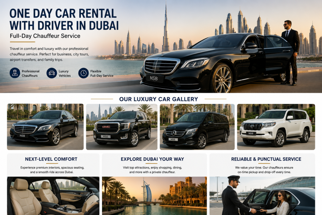 Professional chauffeur opening luxury sedan door for VIP client during one day car rental with driver service in Dubai city.