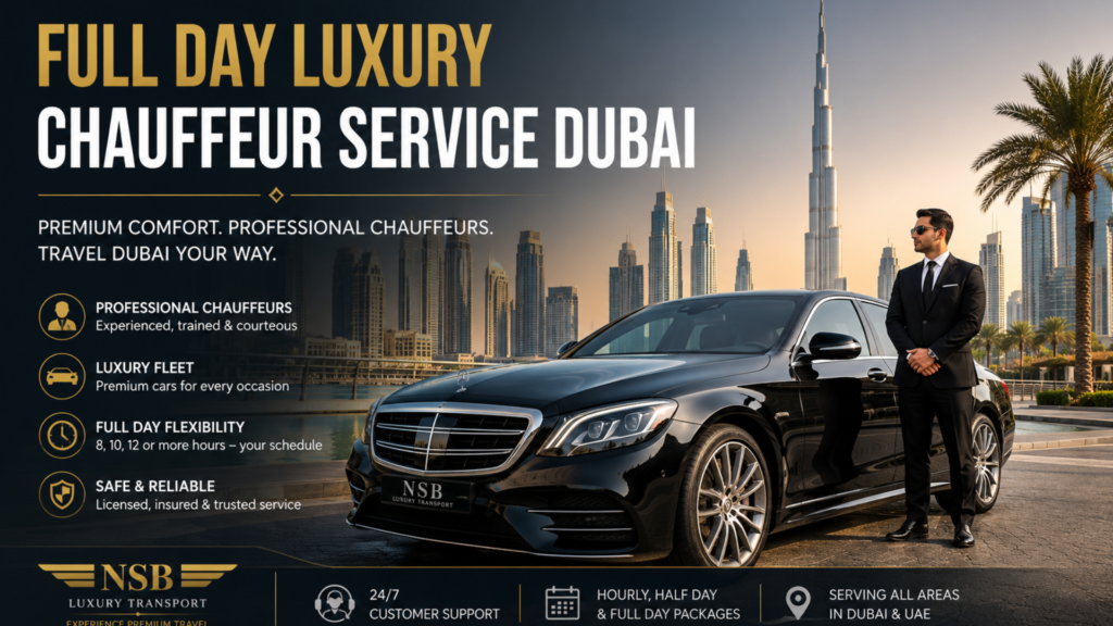 Full day luxury chauffeur service Dubai with premium car and professional driver by NSB Luxury Transport