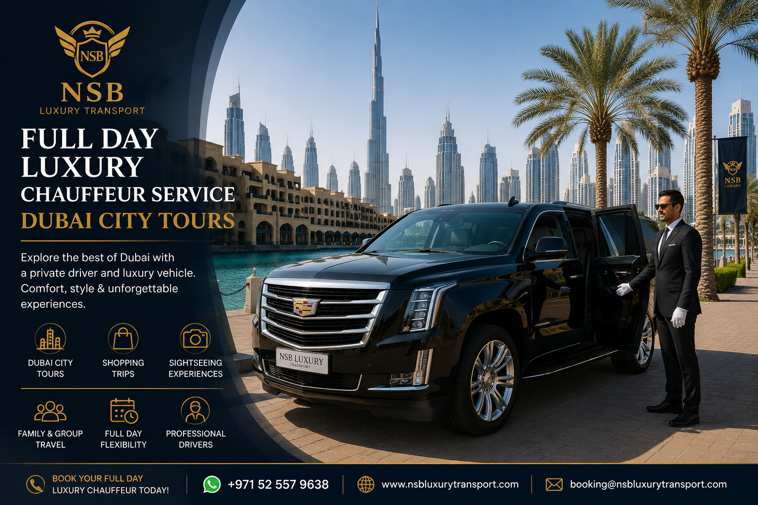 Luxury SUV for full day Dubai city tours with private chauffeur service by NSB Luxury Transport