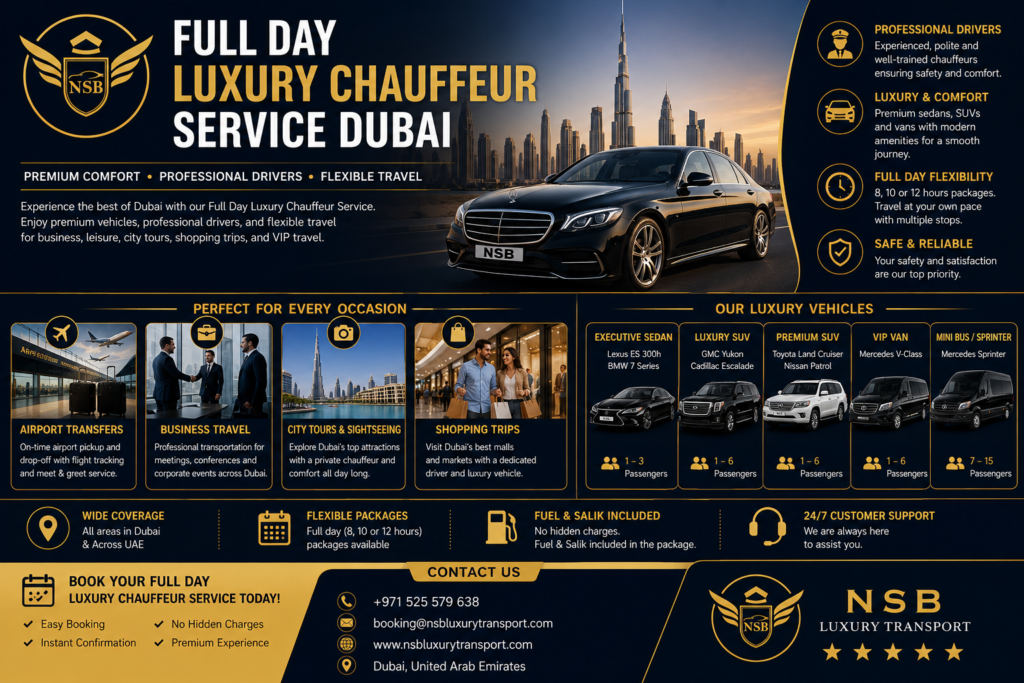 Full day luxury chauffeur service Dubai infographic with luxury vehicles, professional drivers, flexible packages, airport transfers, and NSB Luxury Transport logo