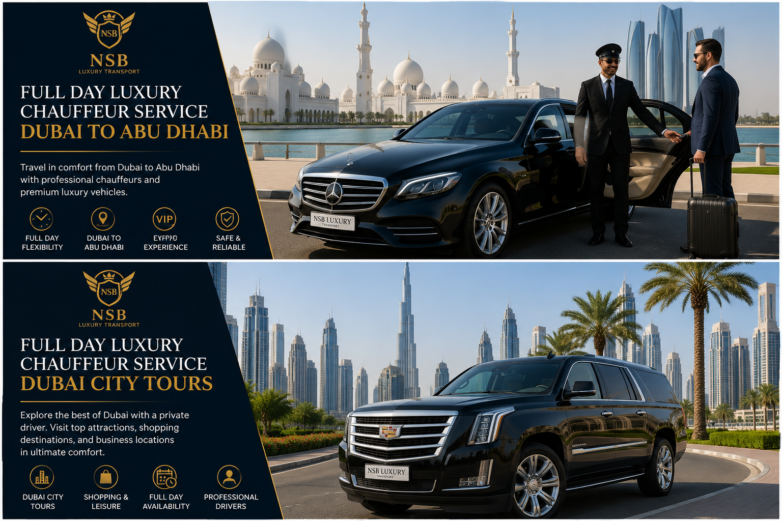 Full day luxury chauffeur service from Dubai to Abu Dhabi with premium sedan and professional chauffeur by NSB Luxury Transport